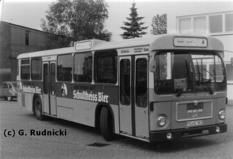 Wg 18 Bj. 1980 MAN SL 200 FD-HZ 963 Wagen 18 im Jahre 1981, mit Werbung für Schultheiss Bier. Eine Aufnahme von 1985 gibt es hier