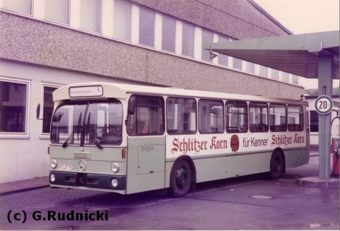 Wg 5 Bj. 1983 MB O 305 FD-AT 72 Wagen 5 im Jahre 1985 mit Werbung für Schlitzer Korn, von Herrn Rudnicki verewigt