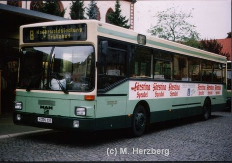 Mathias Herzberg fotografierte den Bus im Jahre 1995 am Stadtschloß, beschildert als Linie 8 Haderwaldsiedlung / Trätzhof. Zu dieser Zeit besass er We